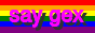 88x31 badge. 'say gex' on a rainbow background.