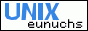 88x31 badge. Blue text on white saying 'UNIX eunuchs'