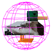 A software rendered low-poly duck 3d-model with low-res textures enclosed by a magenta wireframe bounding sphere.