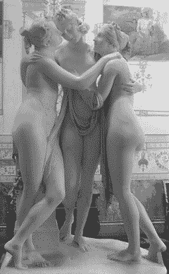 Full-body statues of euphrosyne and two of her sisters emracing each other. Frontal view.